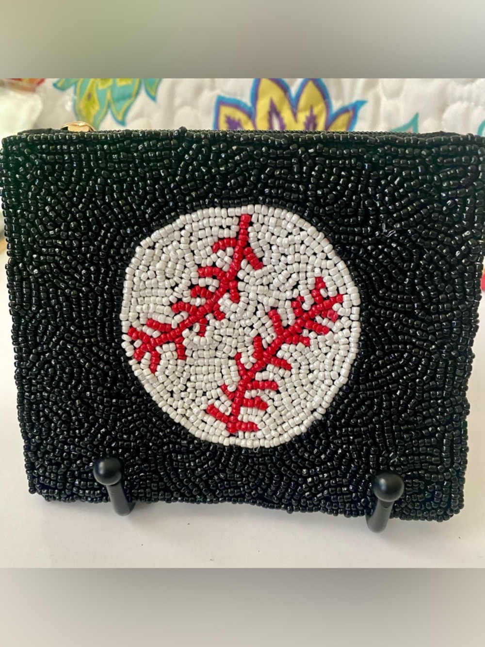 Source Unknown Black Beaded Clutch with White and Red Baseball Motif